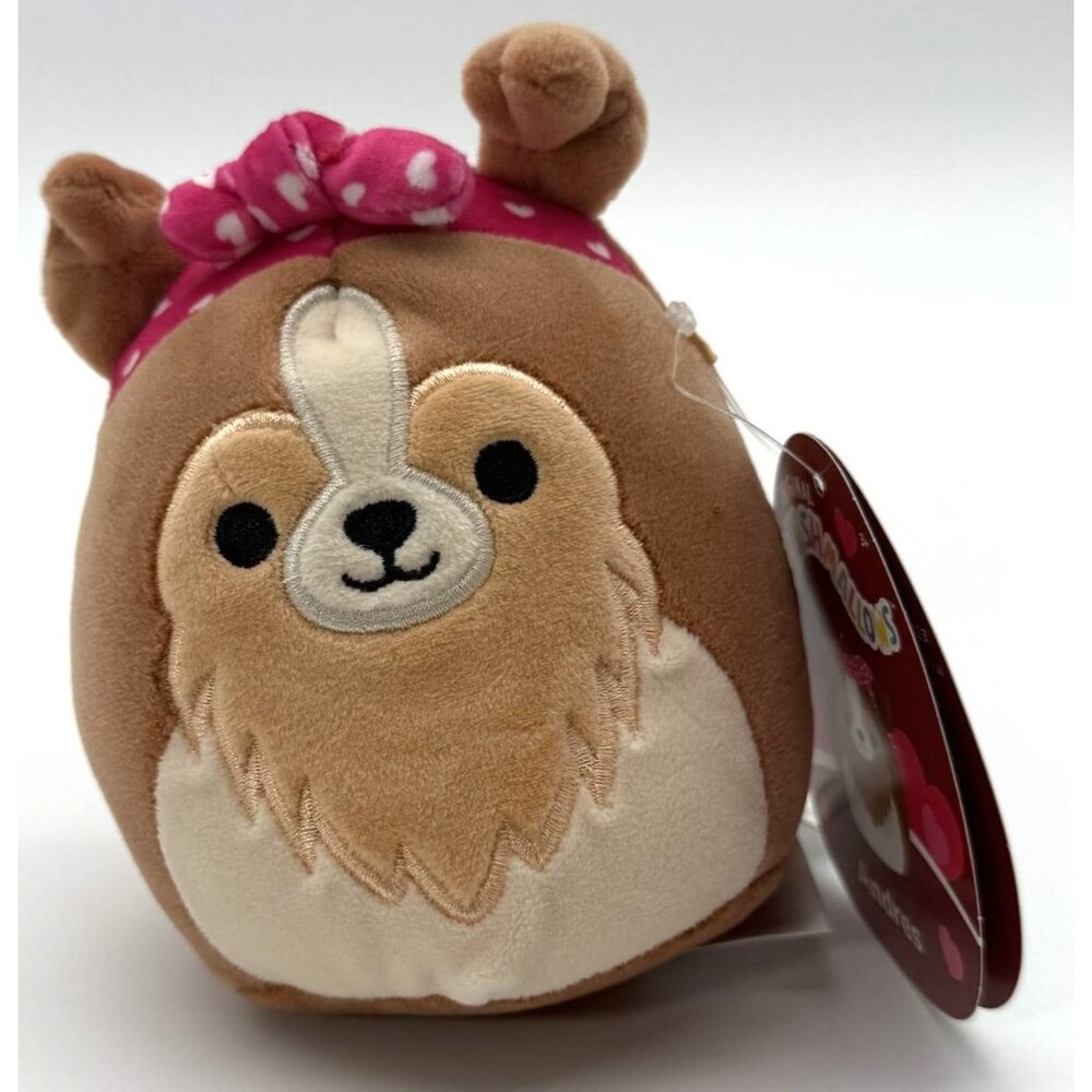 Original Squishmallows Andres The Dog Stuffed Animal Plush Toy With Pink Bow